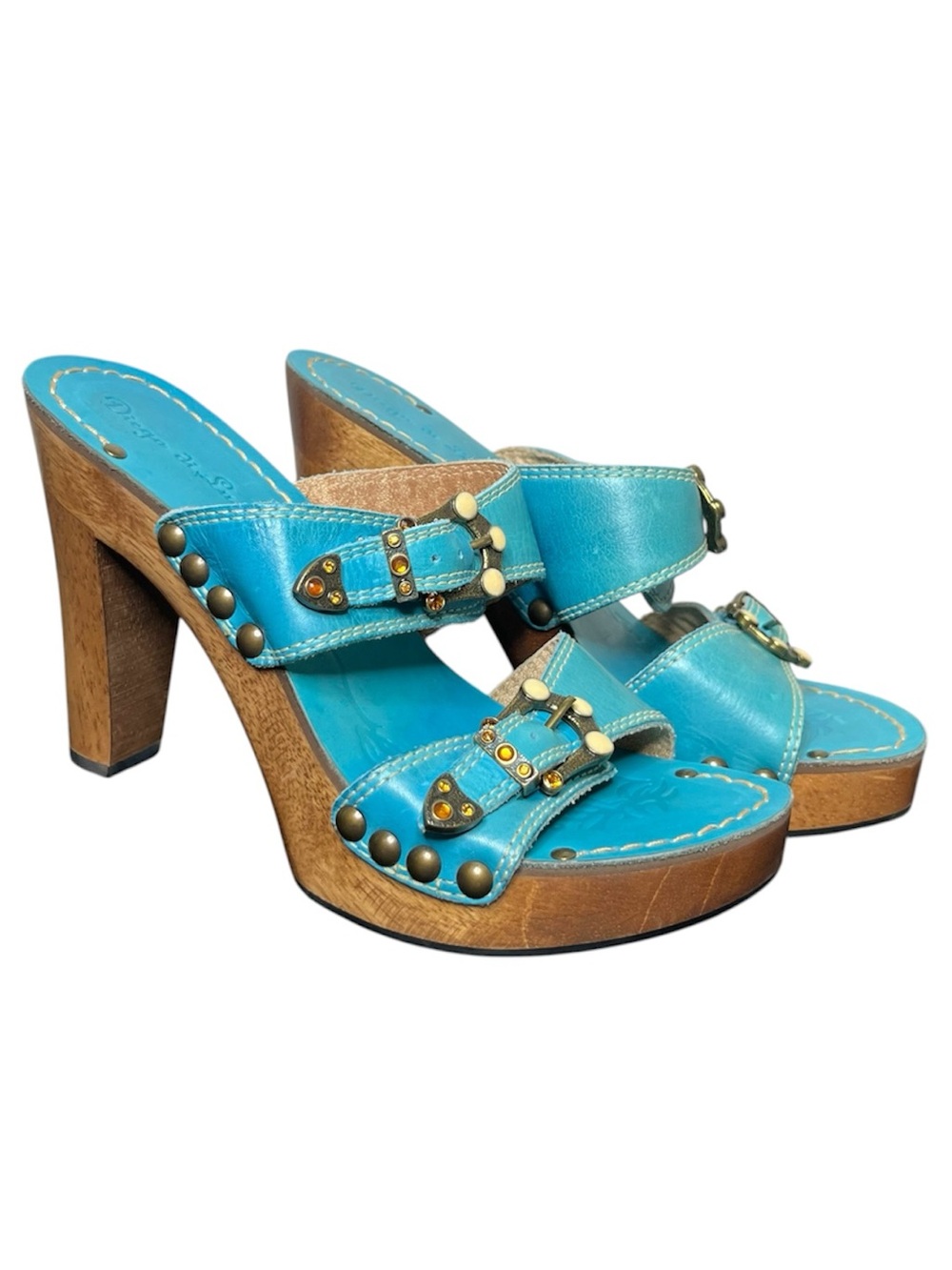 Diego di Lucca Blue Leather Buckle Slip On Wooden Heels